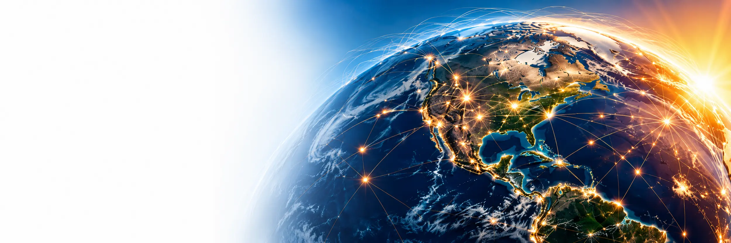 Earth at sunrise with glowing connections across North America