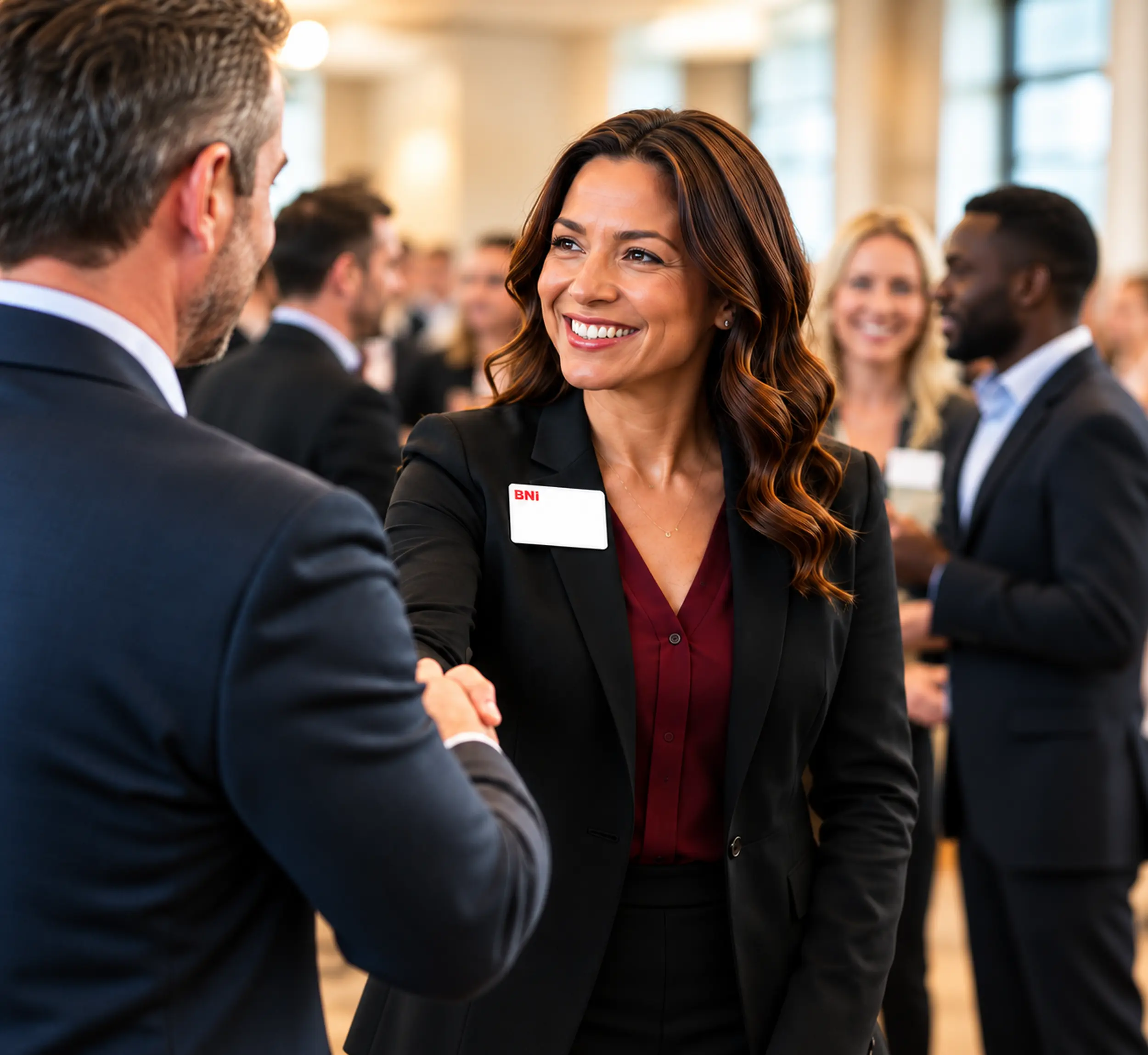 Businesswoman greeting a fellow professional at a BNI networking meeting