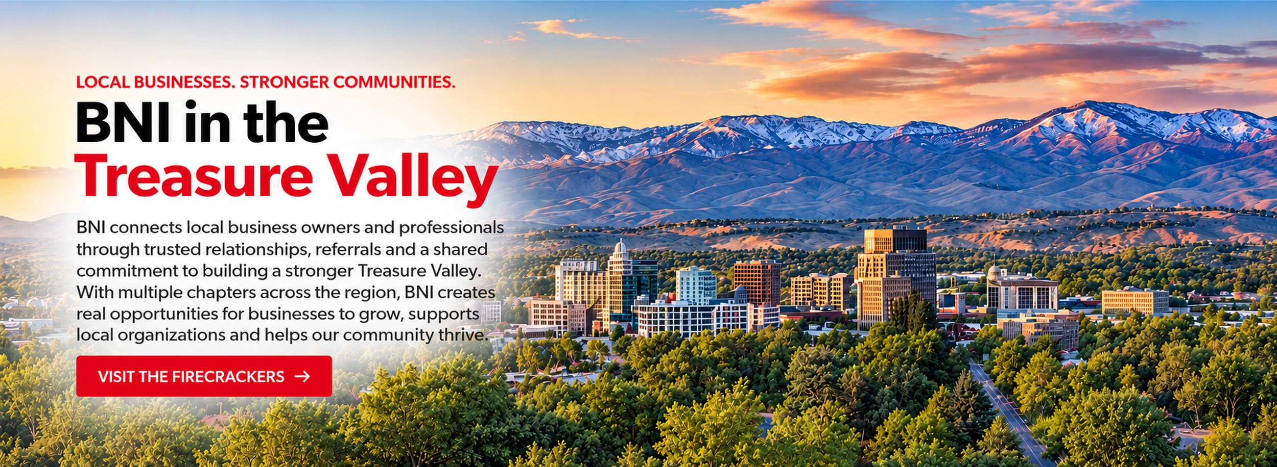 Boise skyline and snow-covered mountains at sunset, with realistic foreground trees