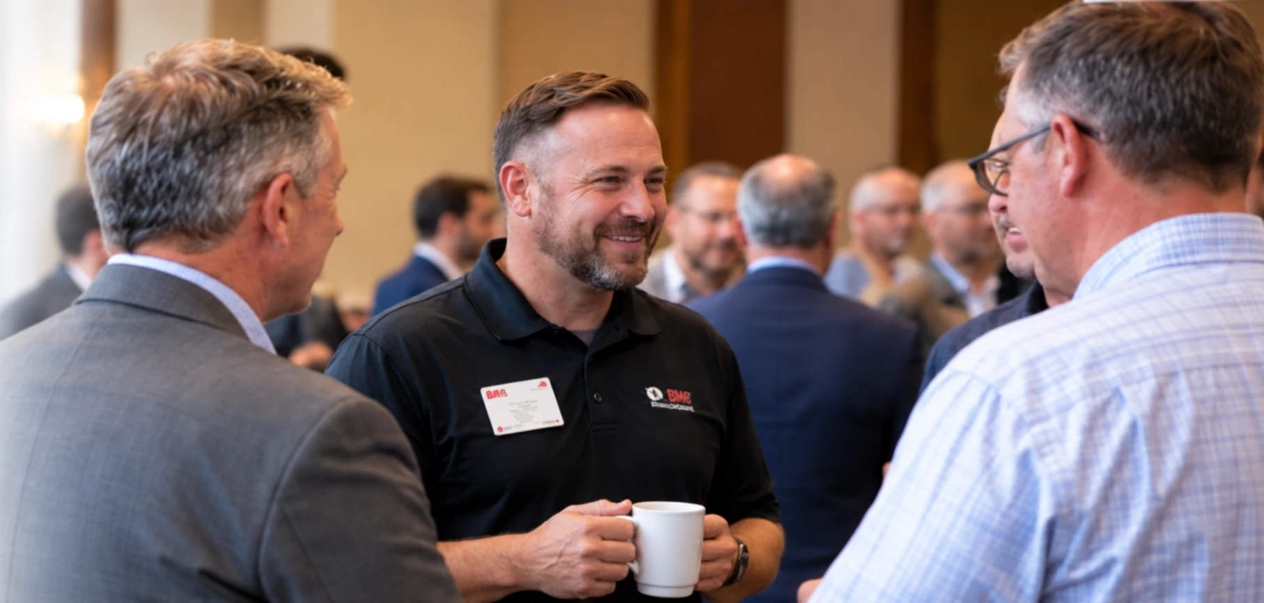 Illustration of three professionals talking at a business networking meeting