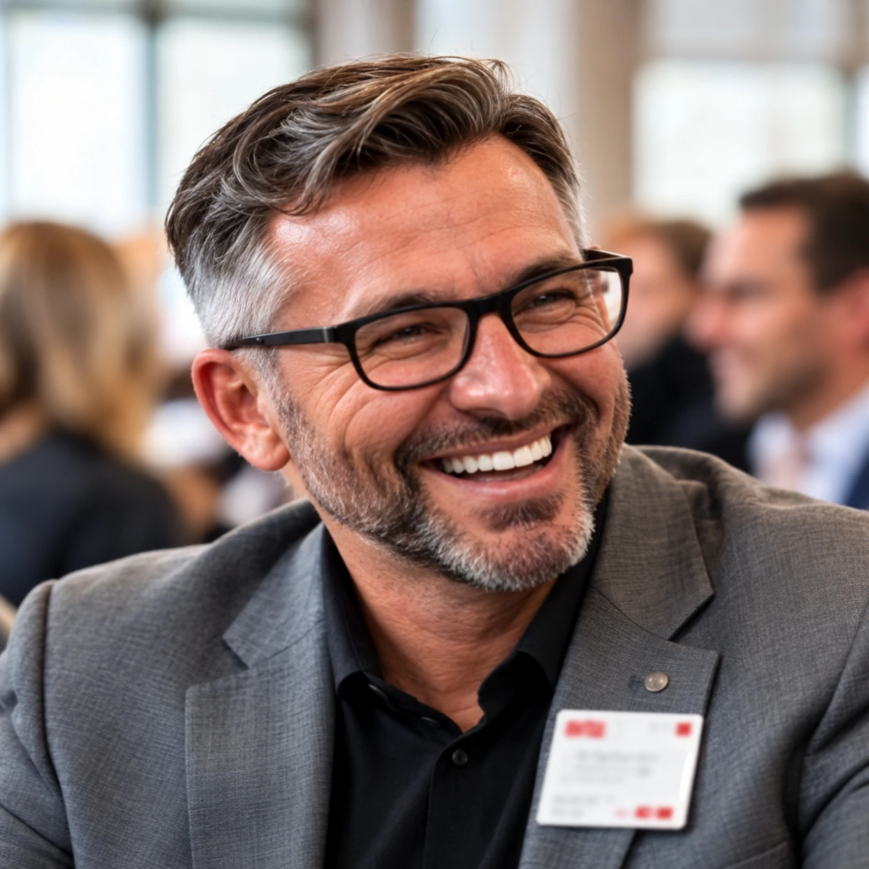 Illustration of a smiling professional at a networking gathering