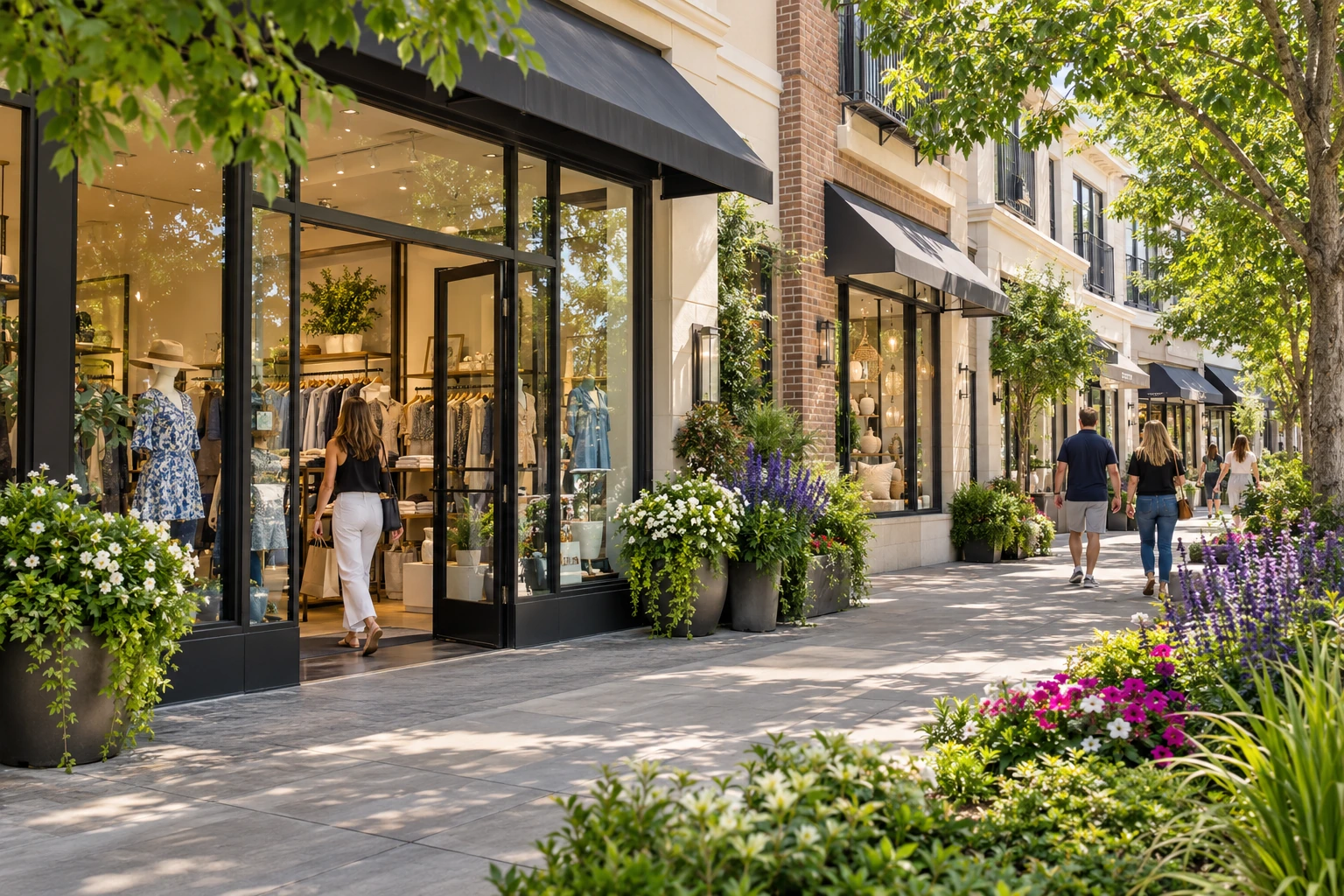 Illustrative shopping promenade inspired by The Village at Meridian, with boutiques, leafy trees and flowering planters